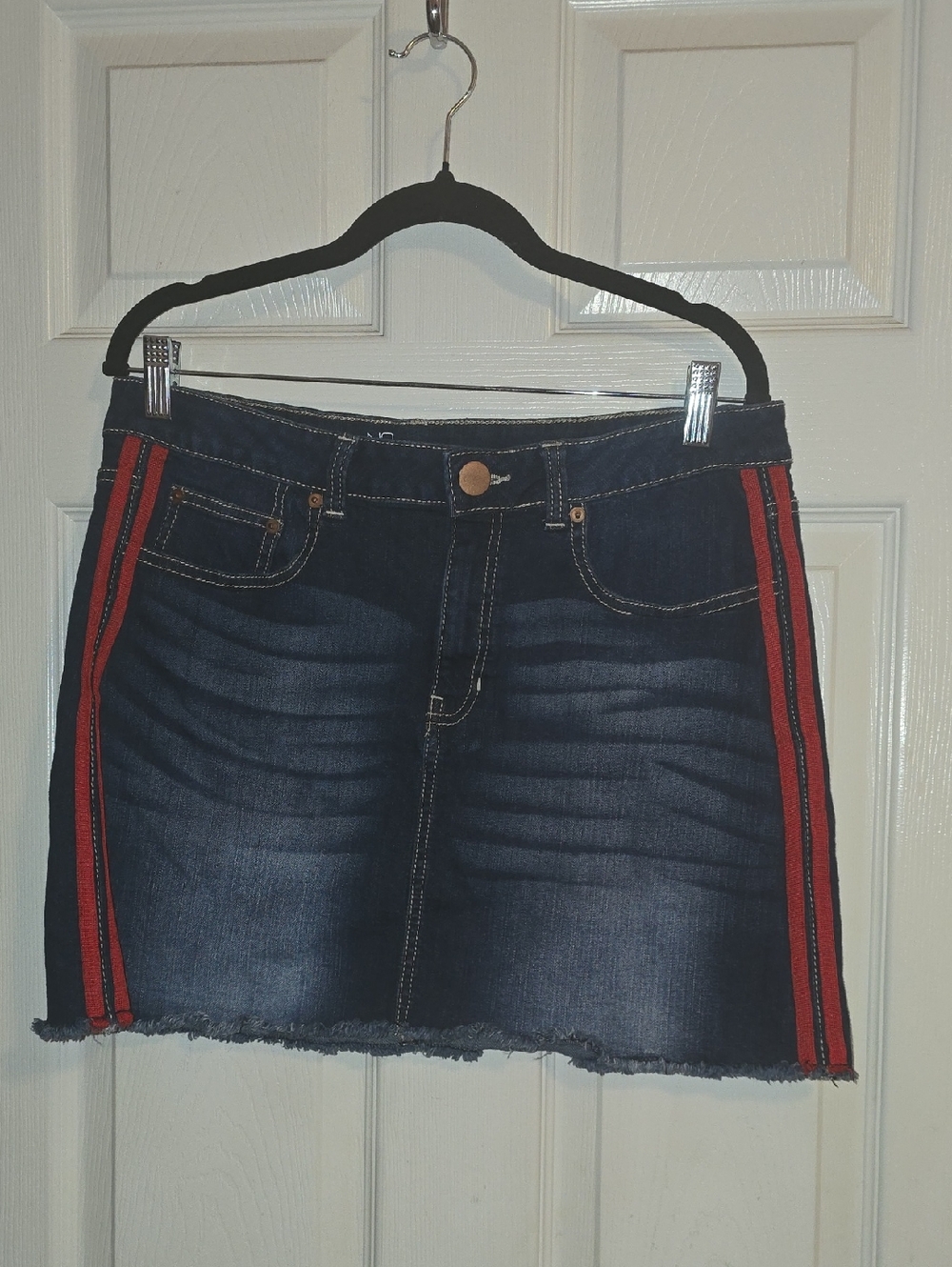No Boundaries Dark Blue Denim Mini Skirt with Red Side Stripes
